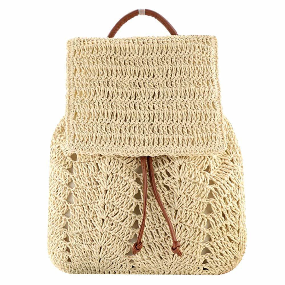 Women Medium Straw Handmade Woven Backpack Flap Drawstring Shoulders Bag🐳